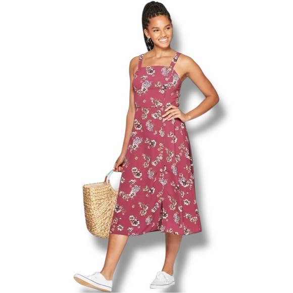 Xhilaration Dresses & Skirts - Xhilaration Chic Floral Burgundy Front Buttons Rouched Back Midi Dress